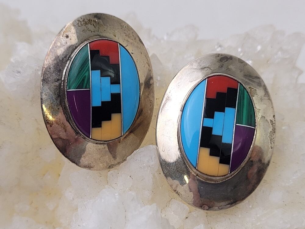 Vintage Native American Multi-Stone Inlay Sterling Silver Post Earrings
